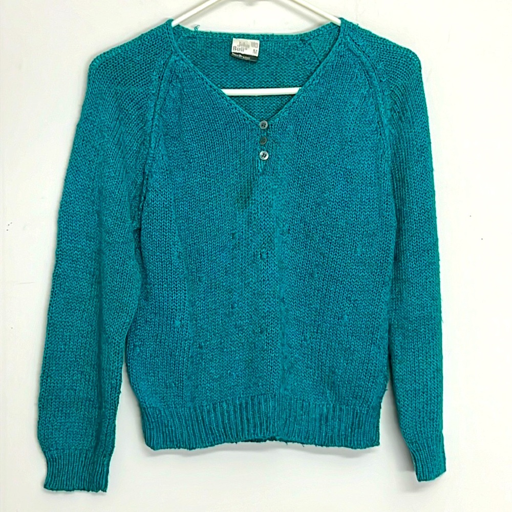 🌞John Bull vintage turquoise pullover button v-neck ribbed knit sweater women M